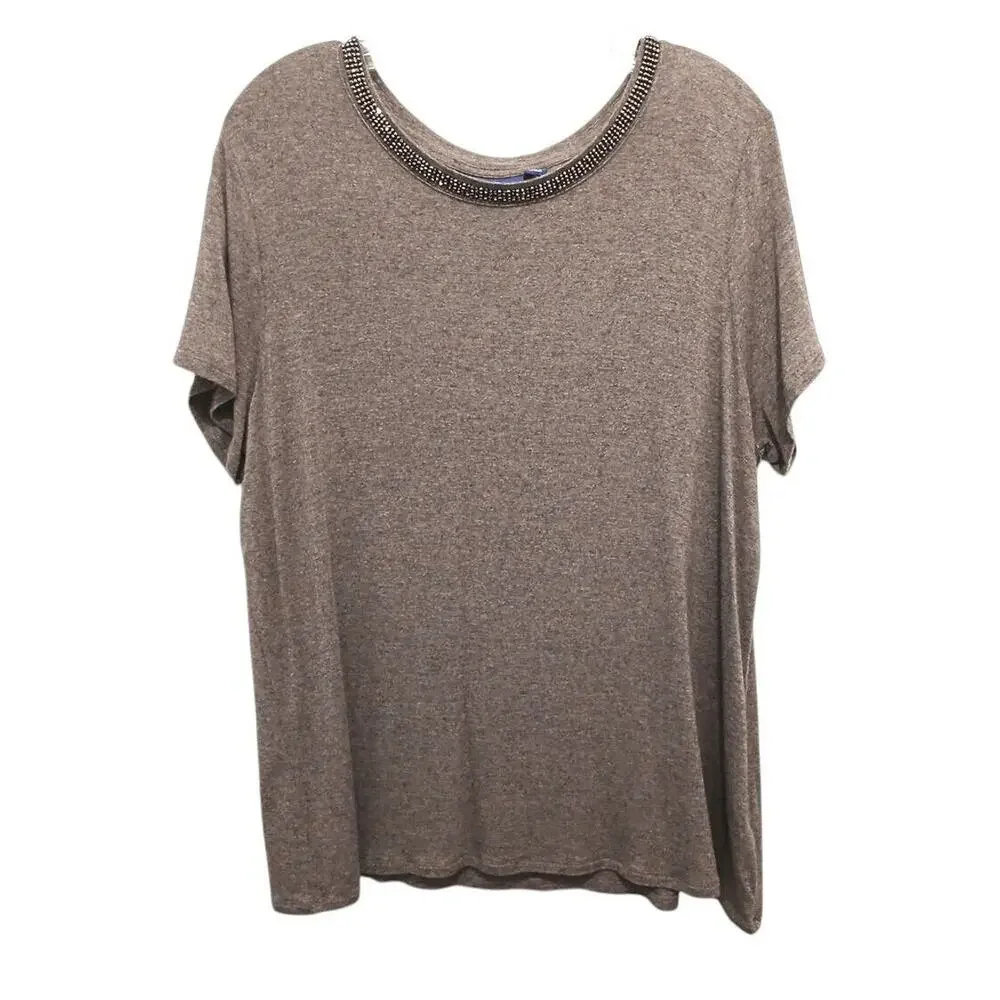 VNT Beaded Neck Top Sz XL Brown Short Sleeve Office Workwear Modest Classy Glam - Picture 6 of 13